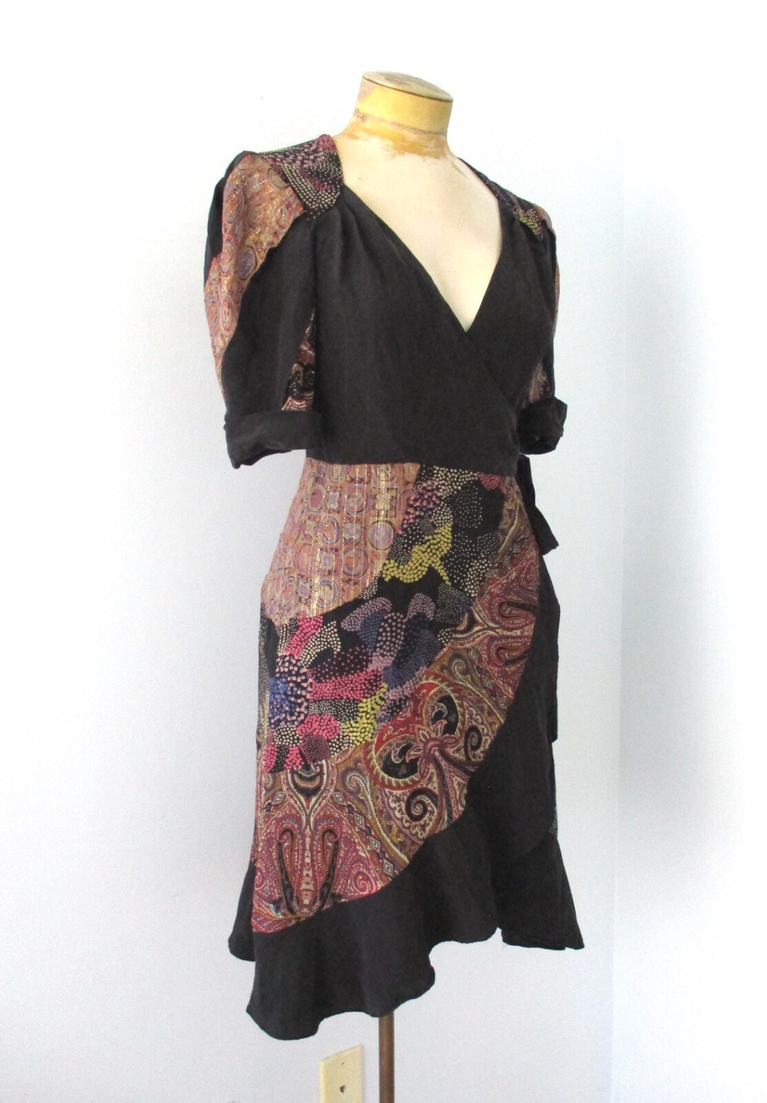Nanette Lepore Black Pink Sparkly Gold Paisley True Wrap Boho Dress Sheer Back 4