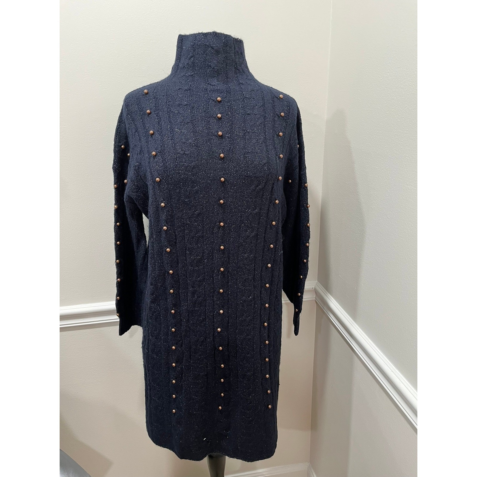 Nic+ZOE Navy Blue Metallic Cable Knit Studded Mock Neck Sweater Dress Womens