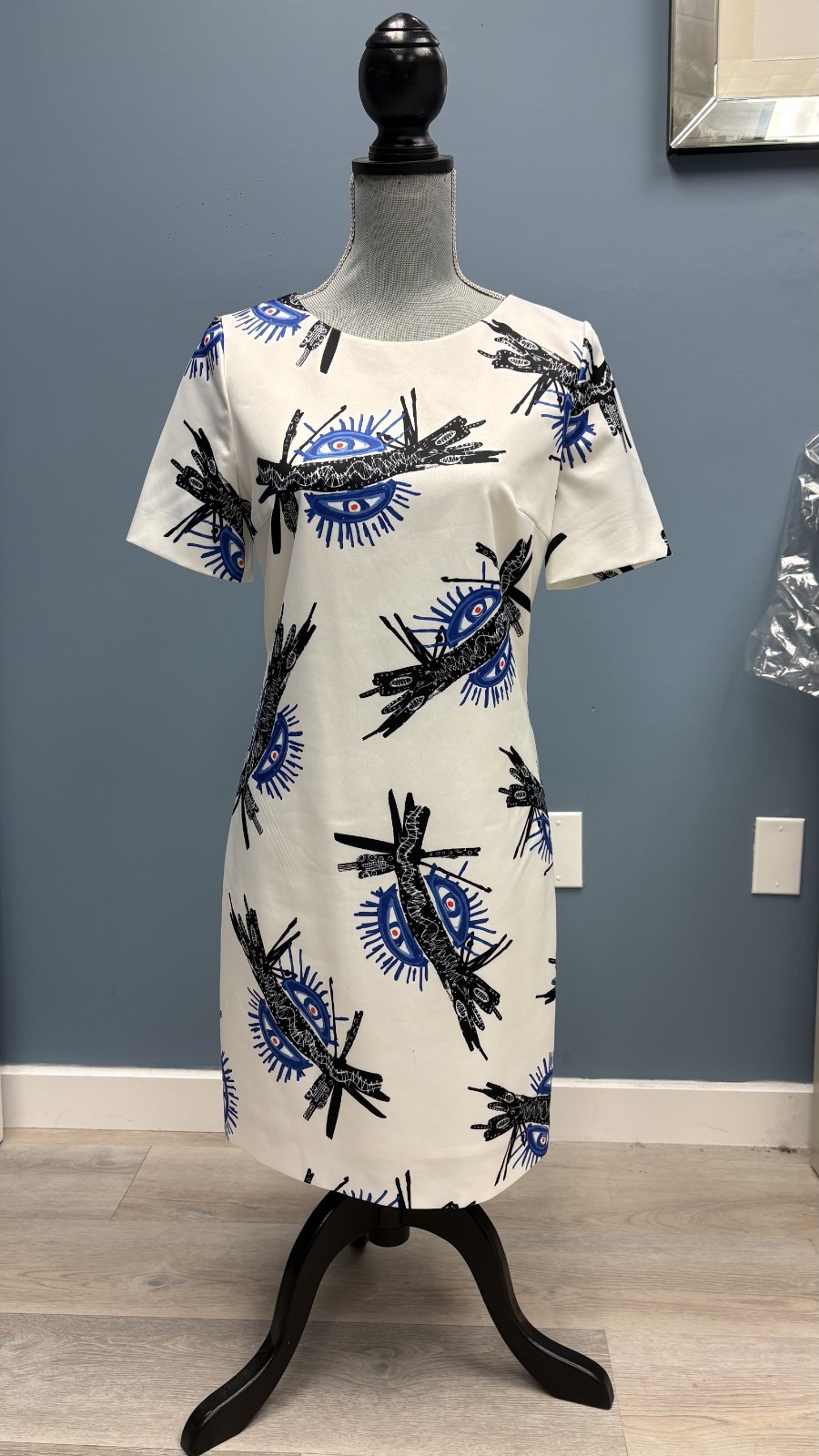HUGO Hugo Boss Eye Print Sheath Dress White Blue Black Graphic