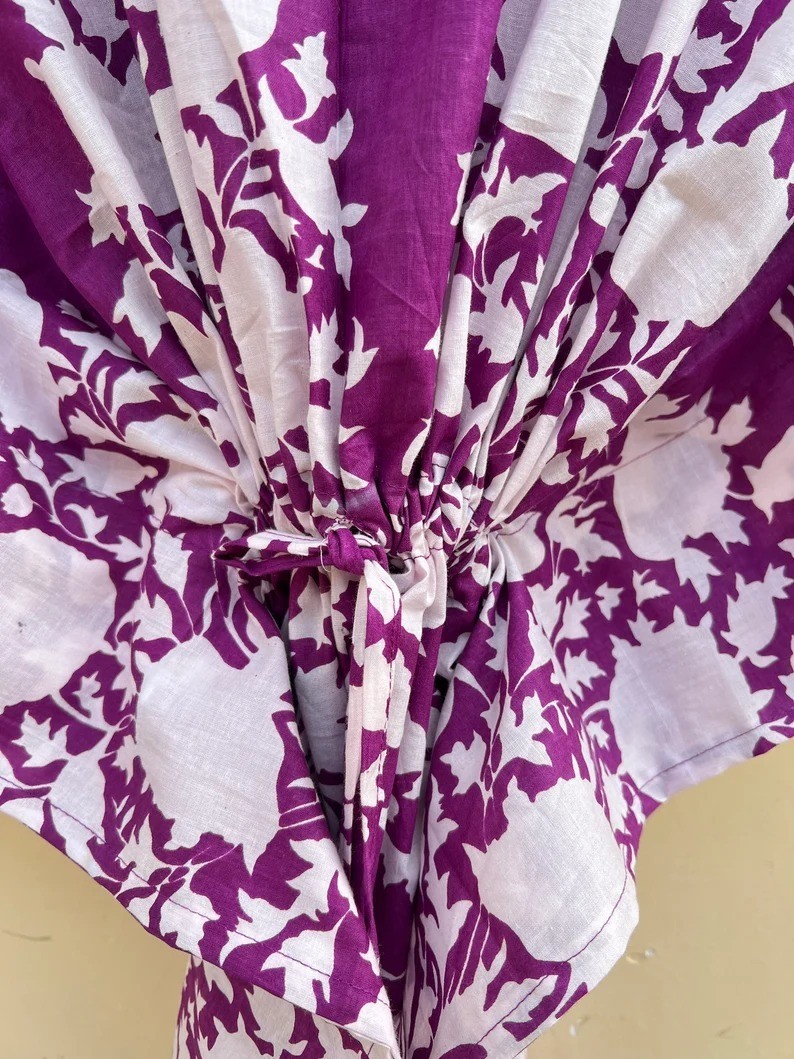 Indian Purple Floral Handmade Cotton Kaftan Maxi Dress Women’s Clothing Gown US