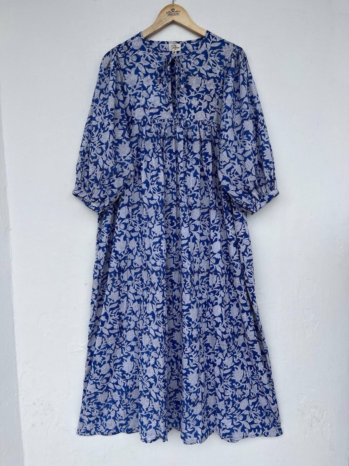 Blue Floral Block Print Maxi Dress | Boho Cotton Tiered Dress | Size M