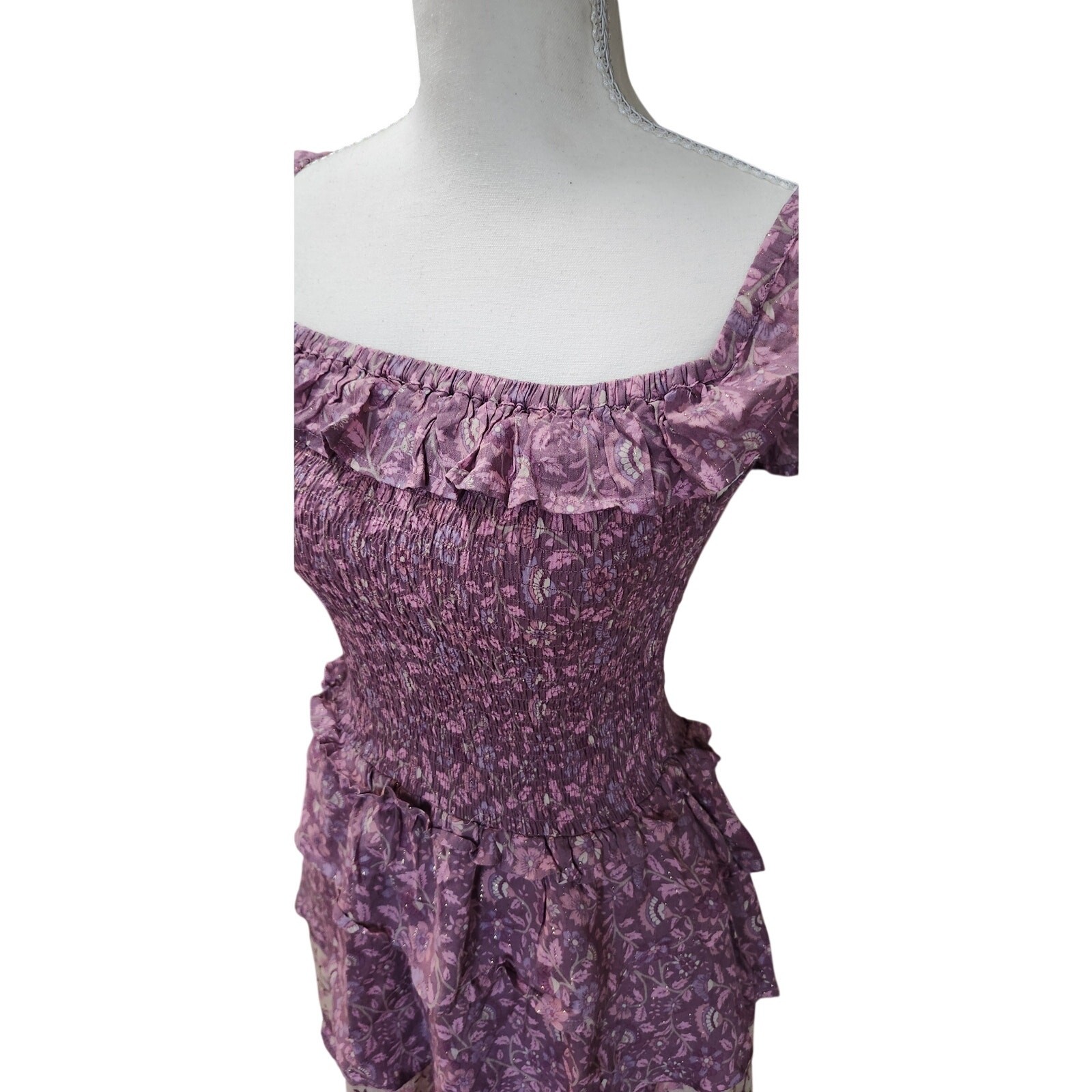 Spell & The Gypsy Dahlia Ra-Ra Mini Dress Mulberry Size Small Boho Floral Ruffle