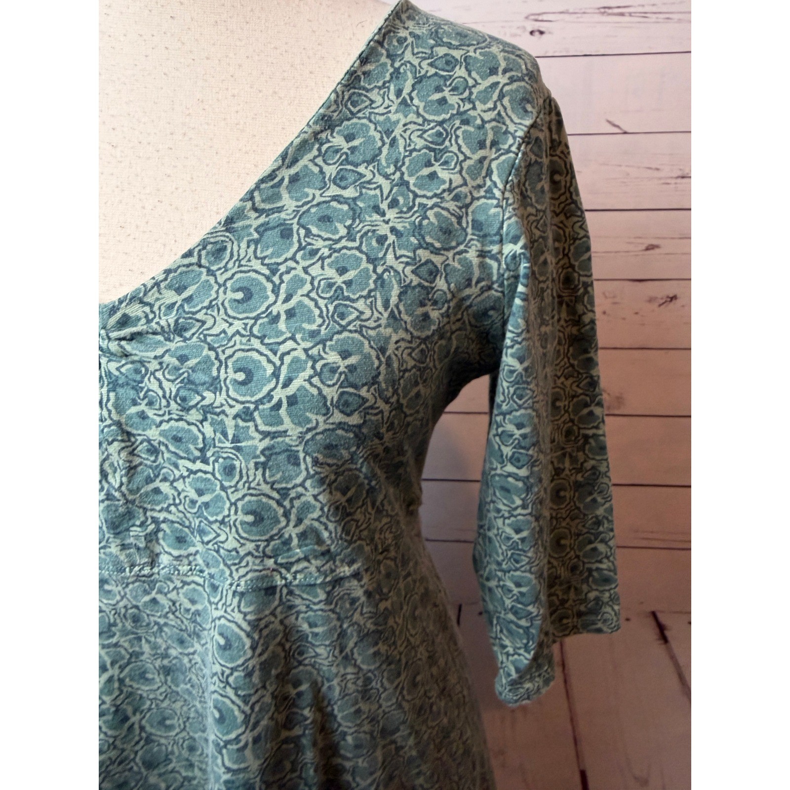 Toad&Co Rosalinda Dress Large Green Floral A-Line Knit Empire Waist Boho Ruched