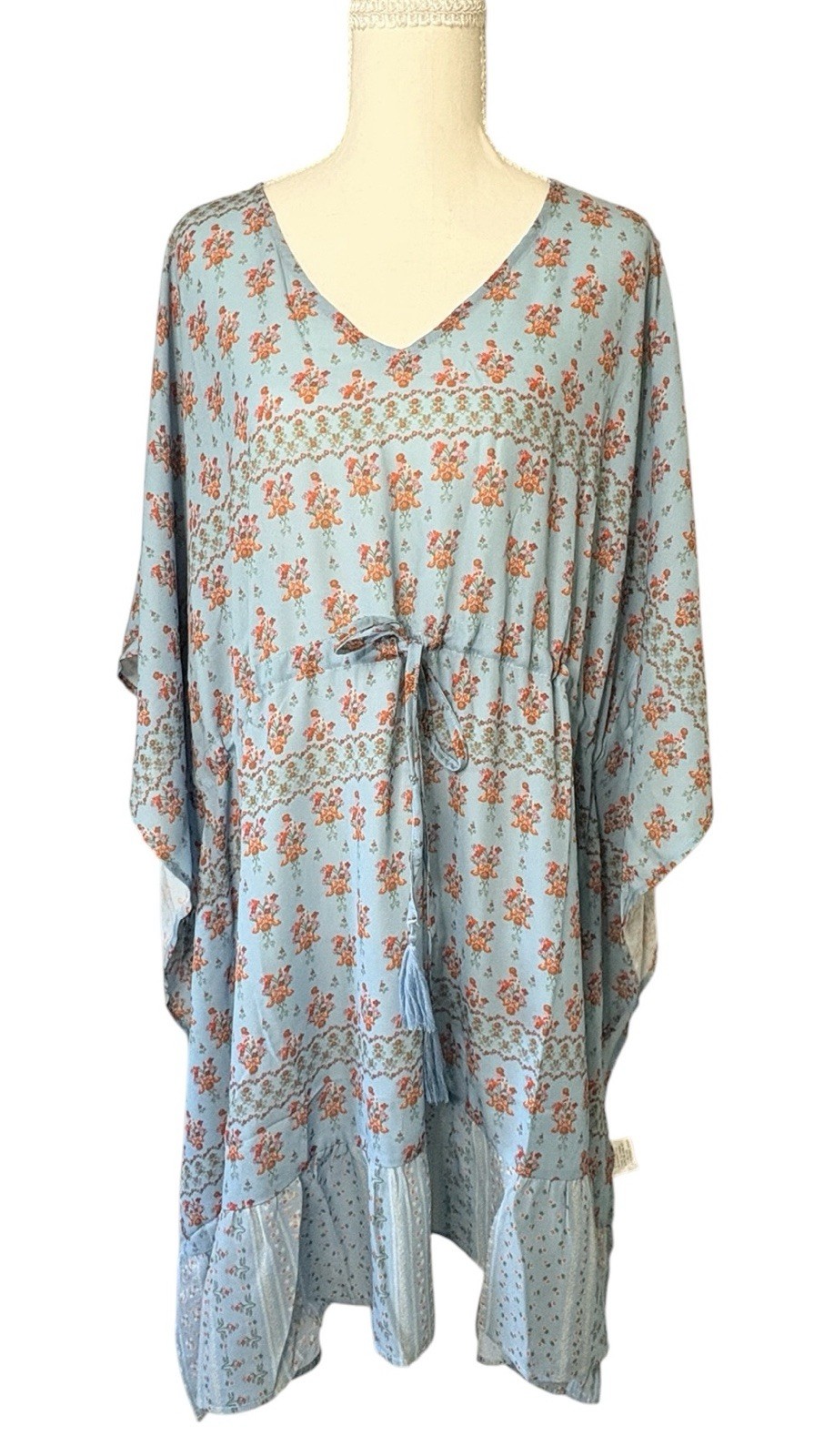 Cotton Bleu L/XL Blue Floral Kaftan Dress Tassel Tie Ruffle Hem NWT Boho