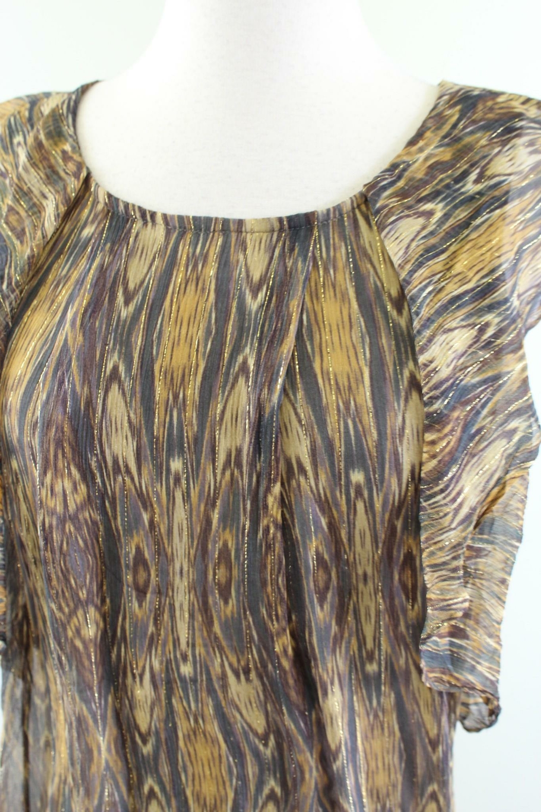 NWT Ella Moss Metallic Flutter Sleeve Printed Dress Size S Gold Green Ikat Silk