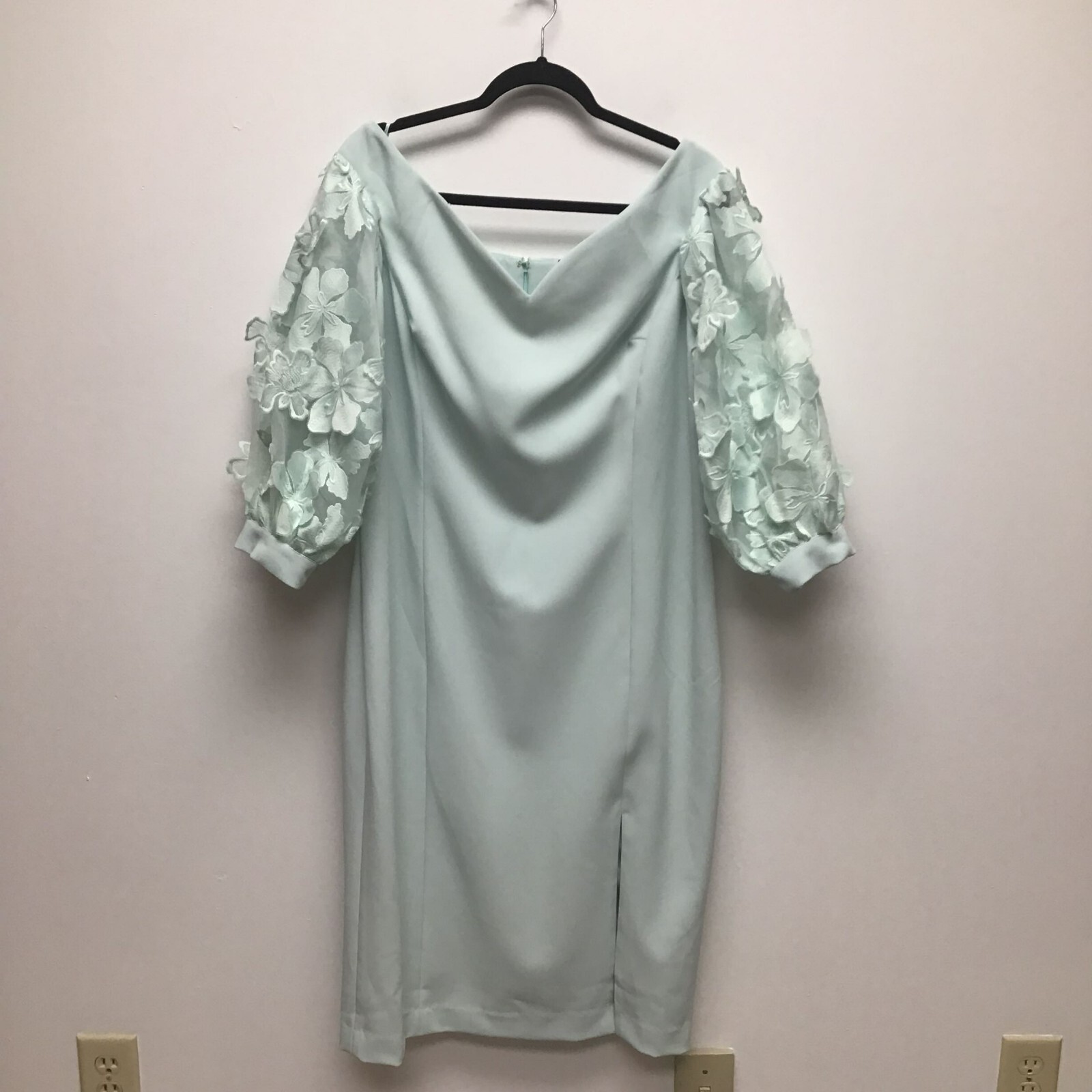 Alberto Makali Womens Sky Blue Embellished Lace Sleeve Knee Slit Midi Dress 16