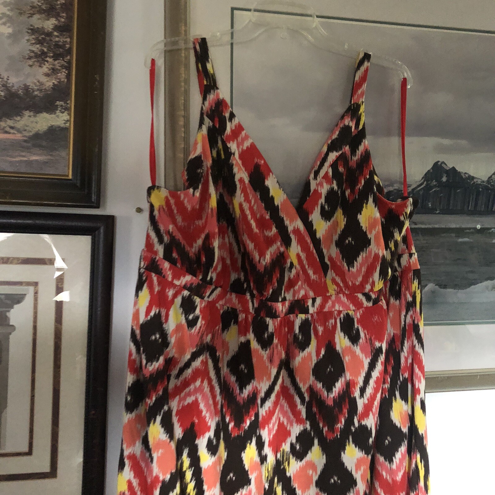 Fashion Bug Red Brown yellow ikat print maxi dress sleeveless Plus Size 3X A1303
