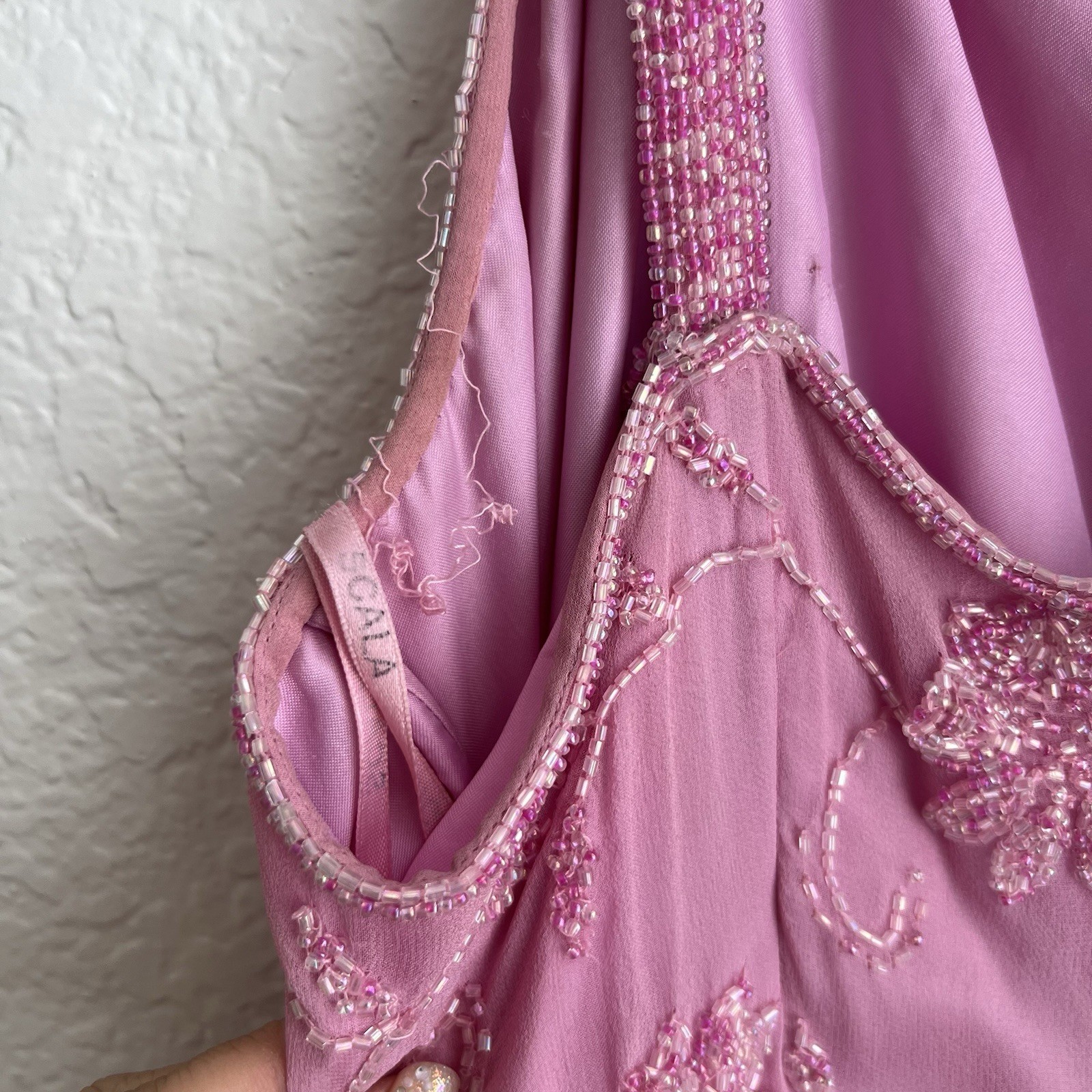 Scala bubblegum Pink Beaded Embroidered Chiffon Floral Long Gown Dress Womens 3X
