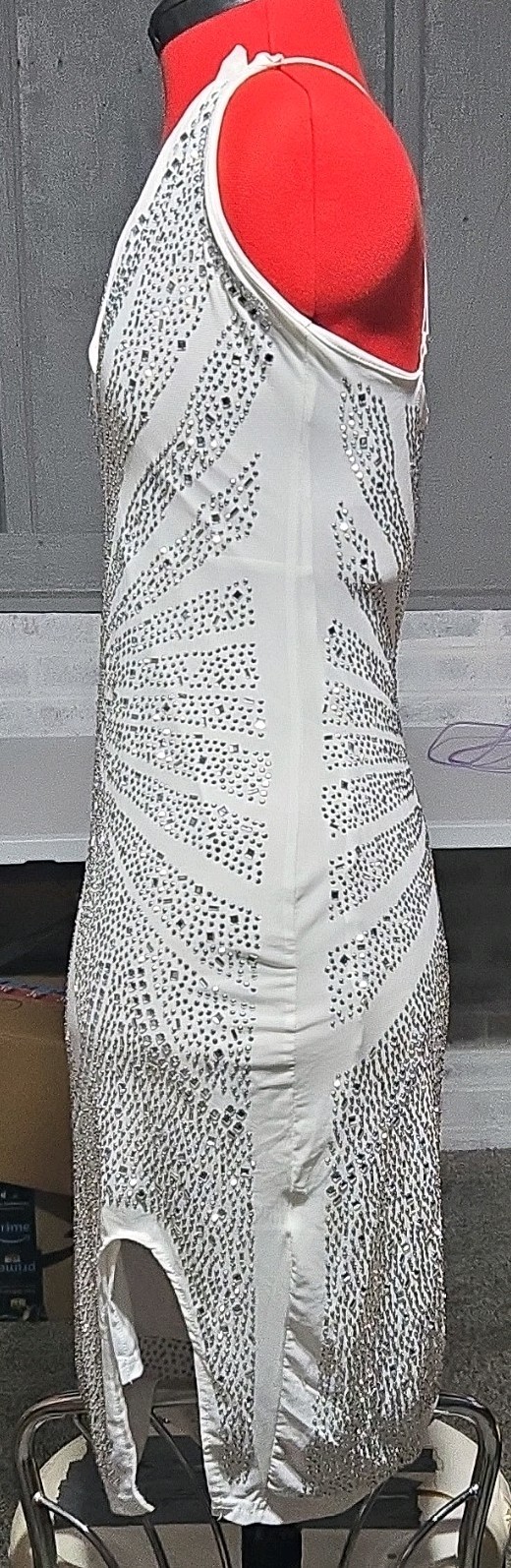 White Silver Rhinestone Bodycon Midi Dress M V-Neck Strappy Zip Stretch