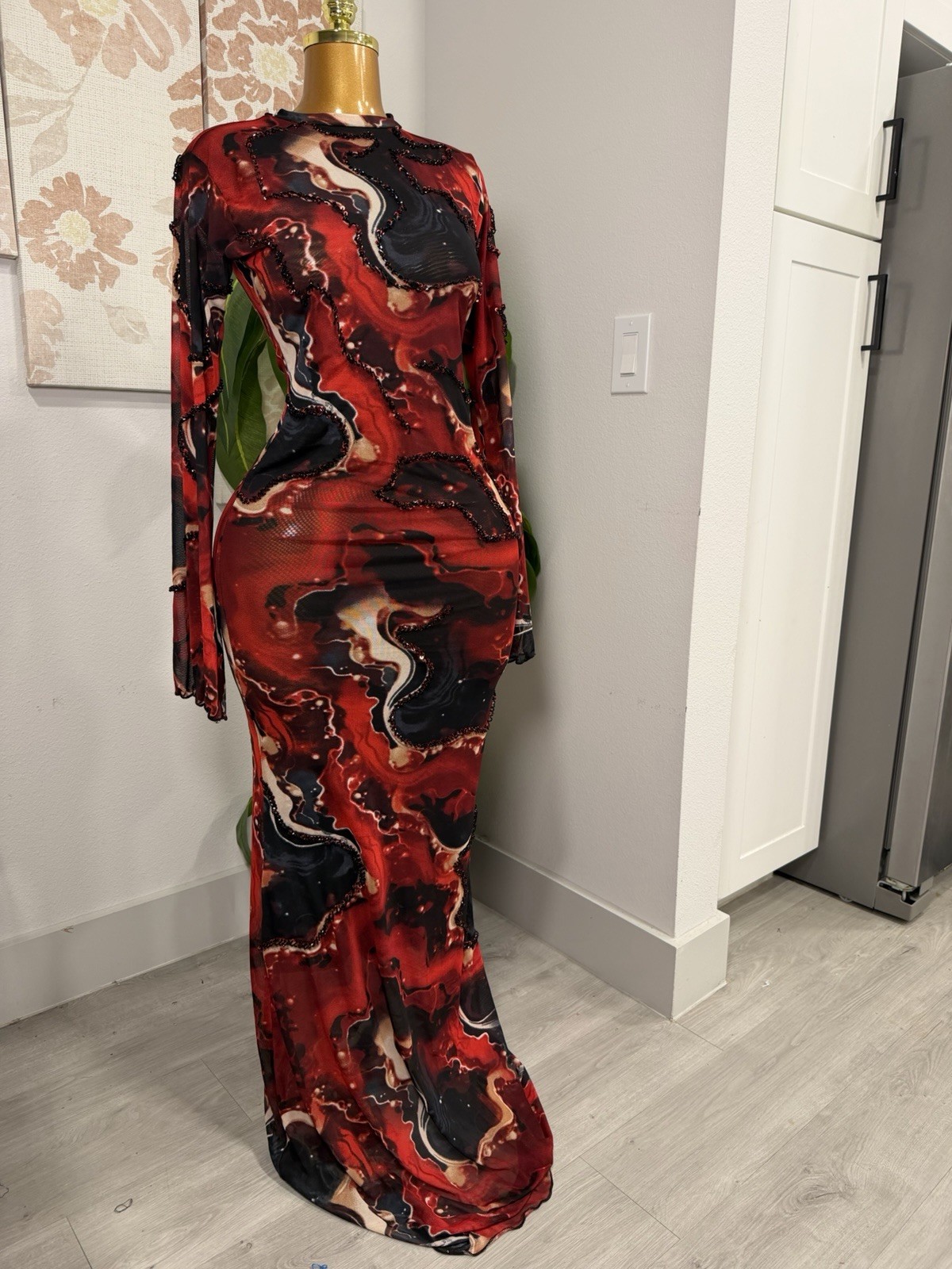 Women’s Mesh Sheer Stretch Beaded Bodycon Maxi Dress S Red/Black Abstract