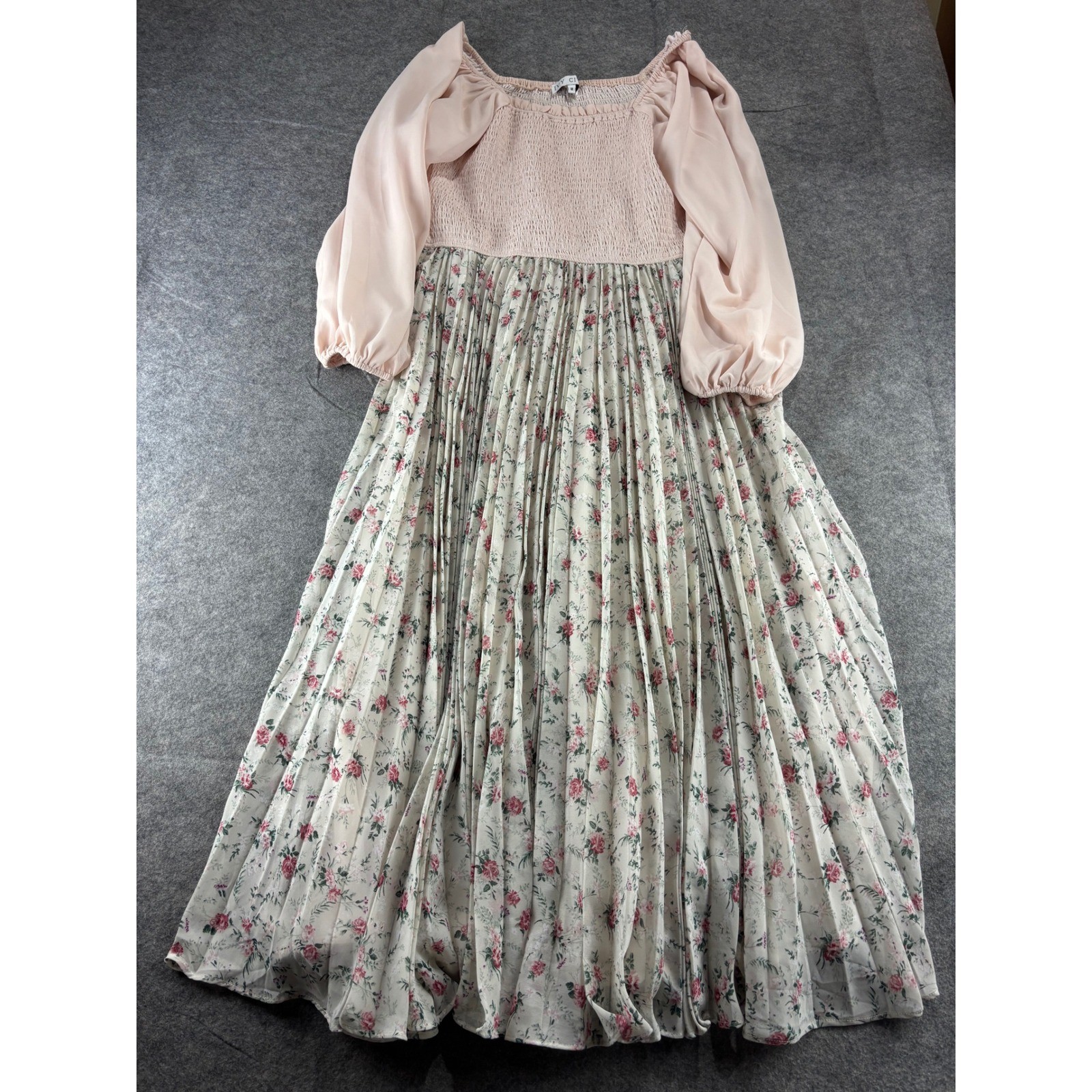 Ivy City Womens M Pink Smocked Floral Pleated Maxi Dress Cottagecore Romantic