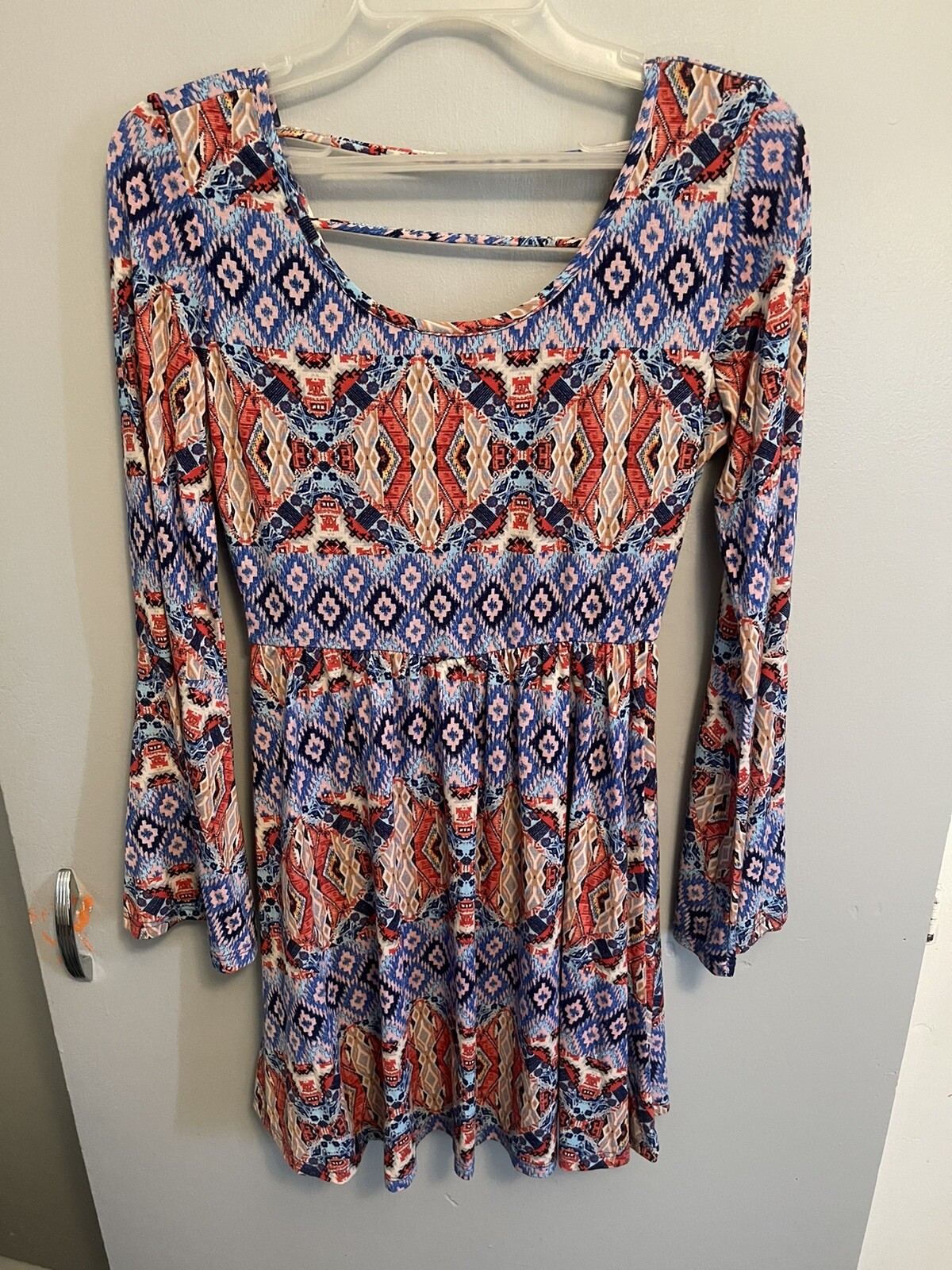 Bo-Bel Women’s BOHO Multicolor Dress Flared Long Sleeves Stretch Size Small