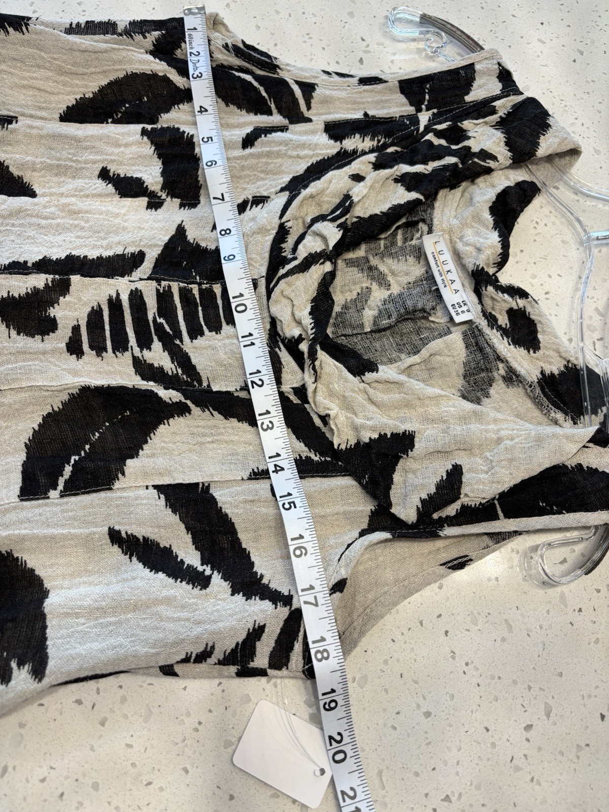Luukaa Linen Blend Sleeveless Dress Lagenlook Cowl Neck Beige Black Abstract