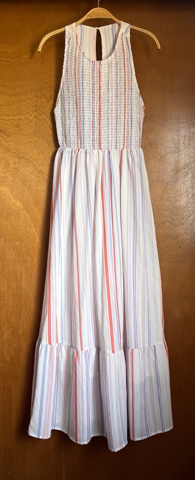 Miss Me White Striped Maxi Sundress S Smocked Racerback Tiered Resort Beach Boho
