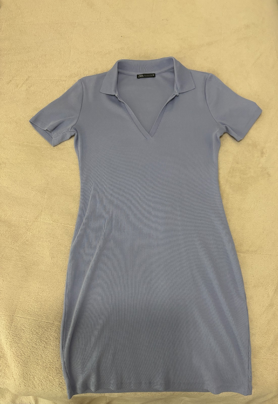 Zara Ribbed Knit Polo Collar V Neck Mini Dress Short Sleeves Periwinkle Blue L