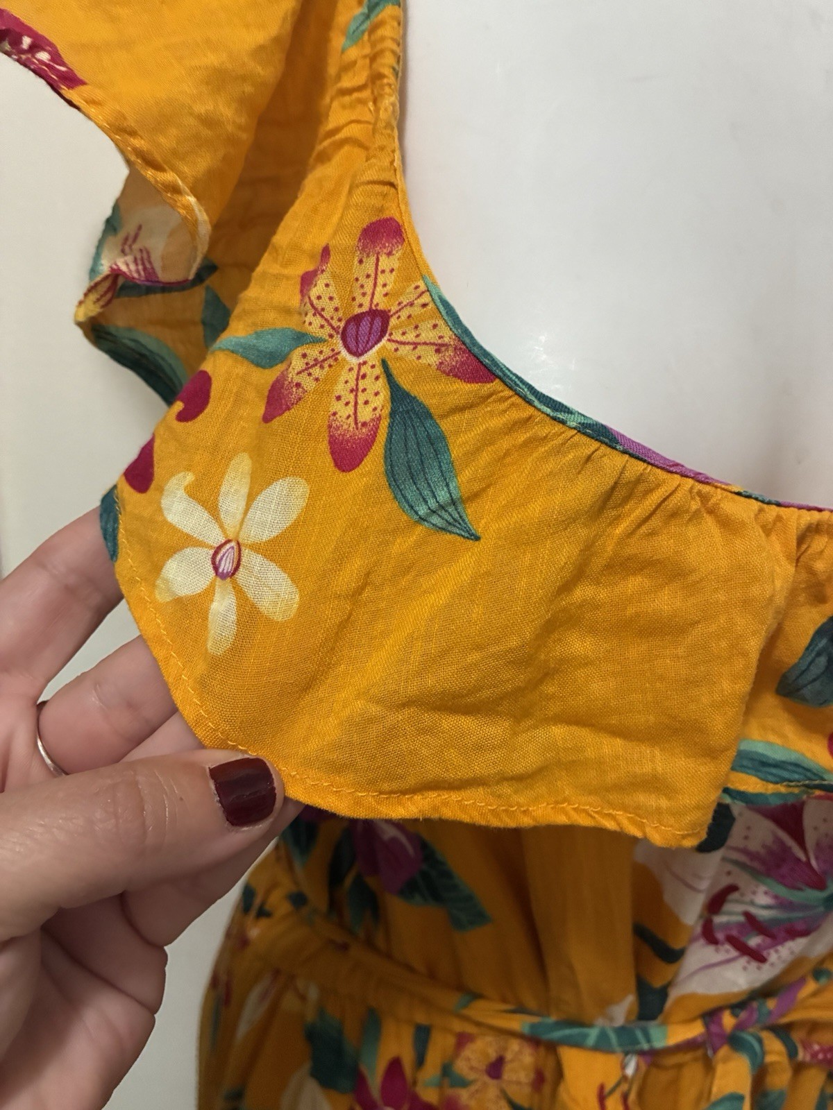 Old Navy Mustard Hawaiian Tropical Cotton Belt Cami Sun Dress Midi Resort L Luau