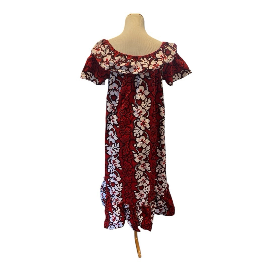 Ky’s Hawaii Size Large MIDI Muumuu Dress Red & White Hibiscus Panel