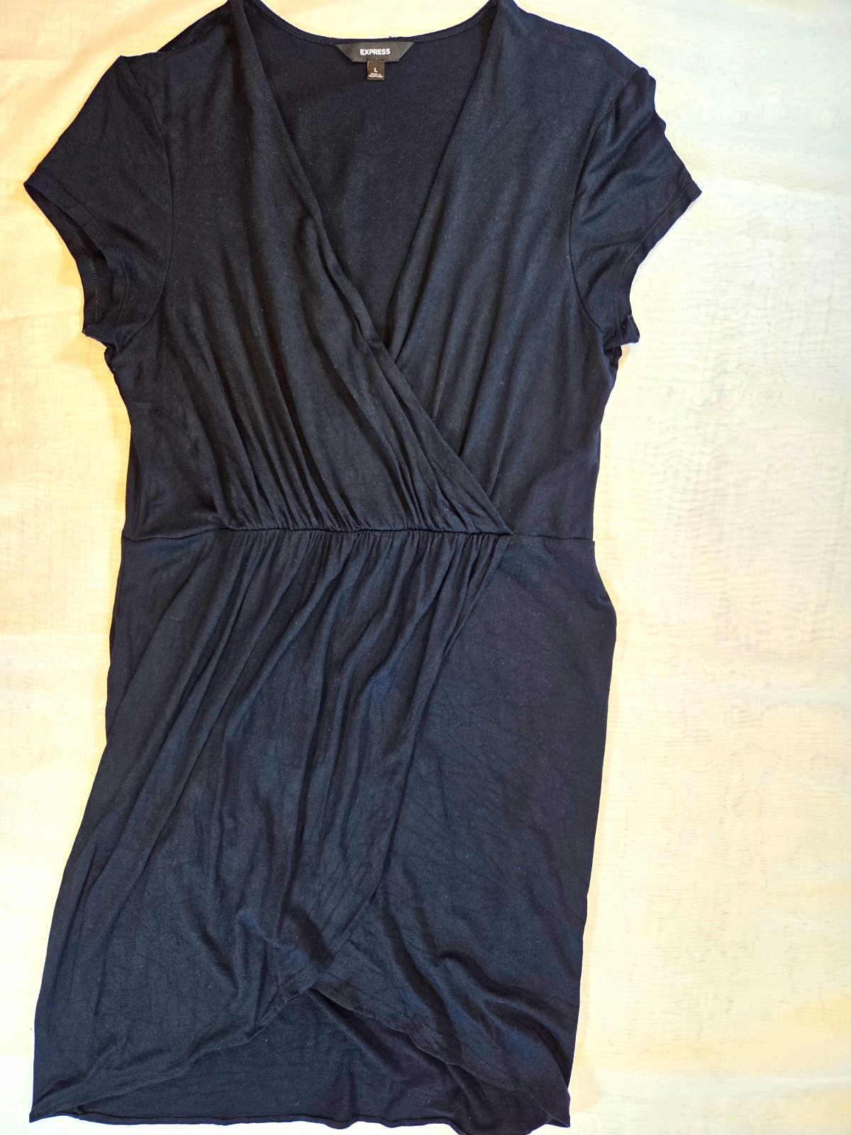 Express Women’s Black Solid Knit Wrap Dress L V-Neck Short Sleeve Ruched Knee
