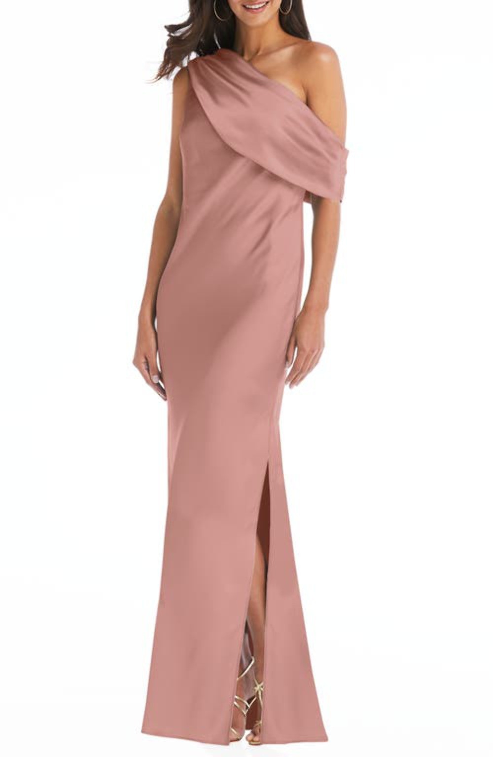 Social Bridesmaids Draped One-Shoulder Convertible Column Gown in Desert Rose ,