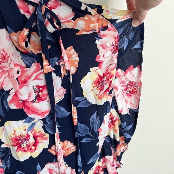 Coquette Hyper Feminine Waist-Defined Ruffle Tie-Belt Wrap Dress Navy Floral XS