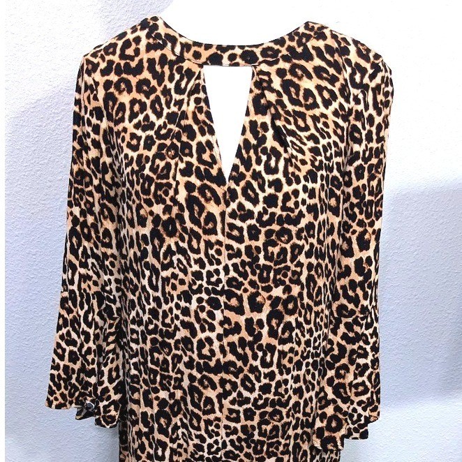Leopard Print a.na M Keyhole Shift Dress Long Bell Sleeve Brown Black