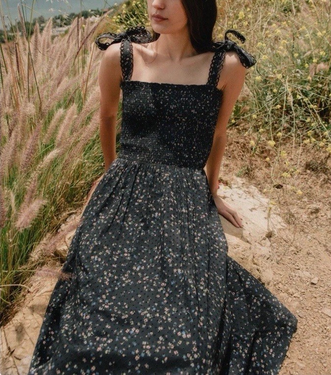 Anthropologie Maia Bergman Simone Smocked Black Floral Eyelet Midi Dress Size S