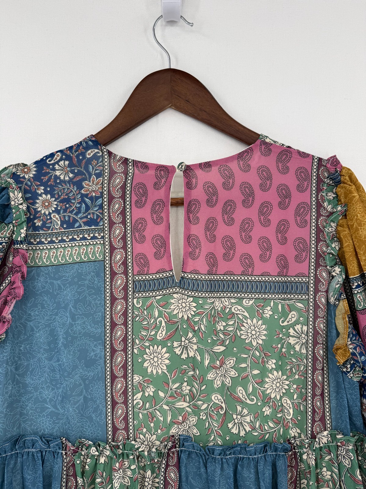 Aura Patchwork Boho Babydoll Tunic Dress Women’s M Floral Paisley Long Sleeve