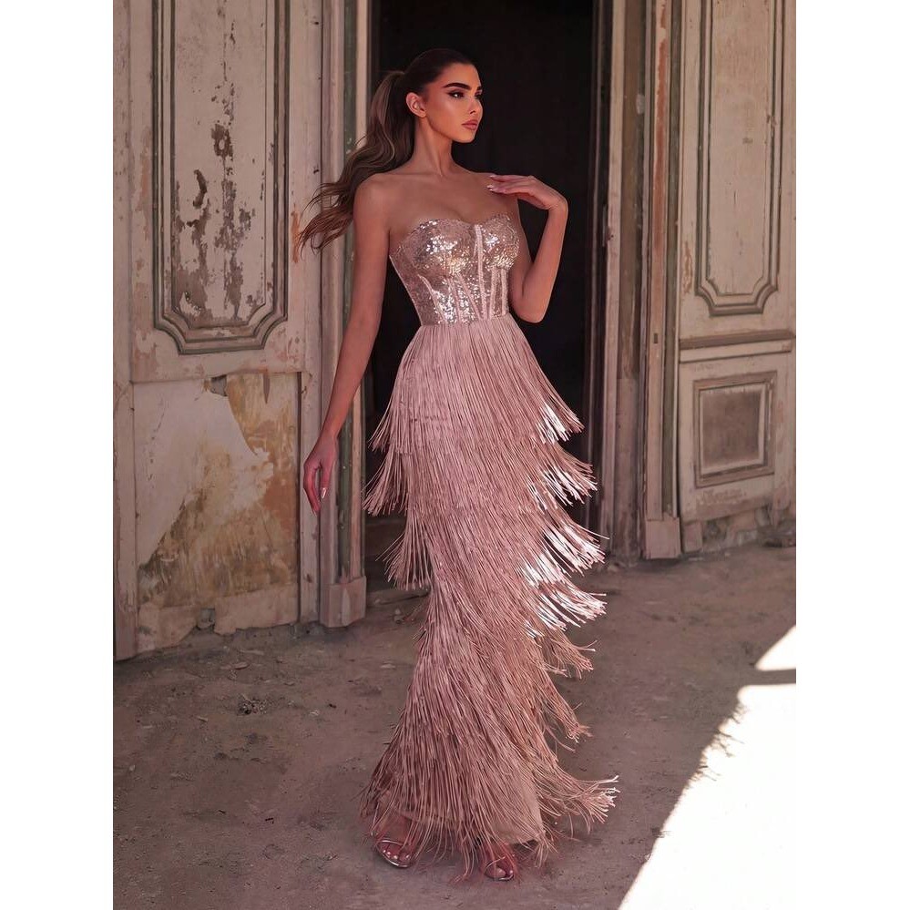 Faeriesty Rose Gold Sequin Fringe Corset Maxi Dress Strapless Formal Gown Pink