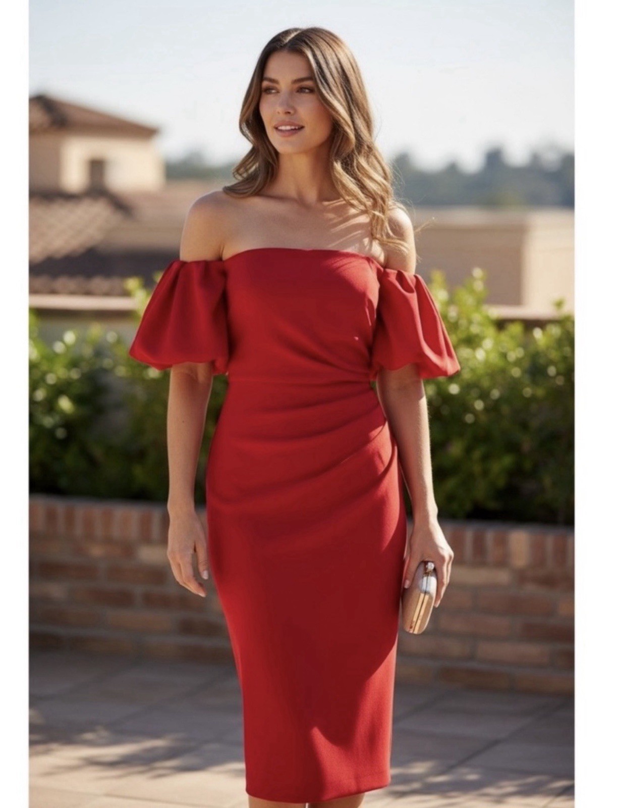Shoshanna Janessa Red Off Shoulder Midi Dress with Flutter Sleeve Size 8