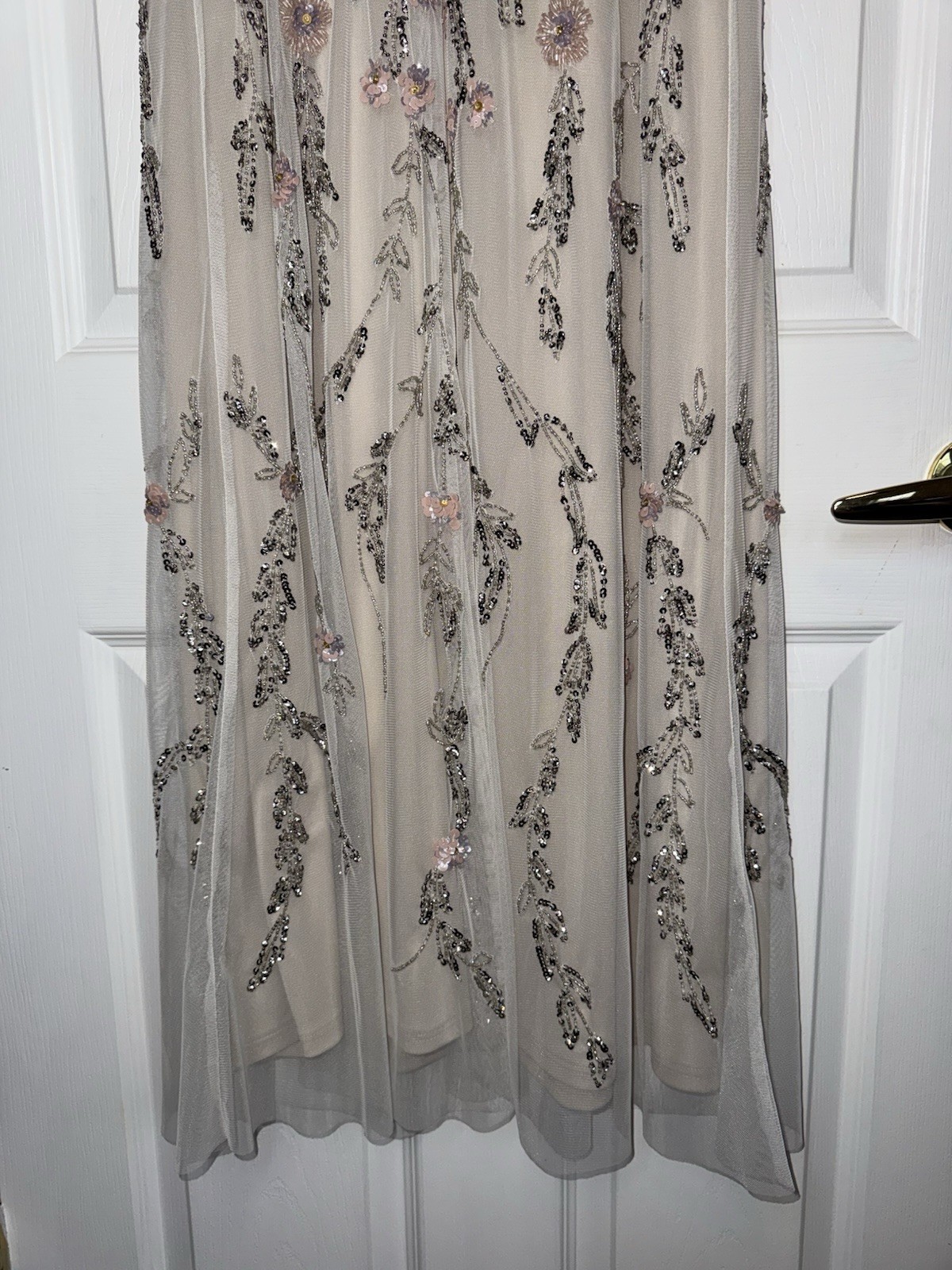 ADRIANNA PAPELL Ivory Pink Silver Embellished Beaded Floral Mesh Blouson Gown 6