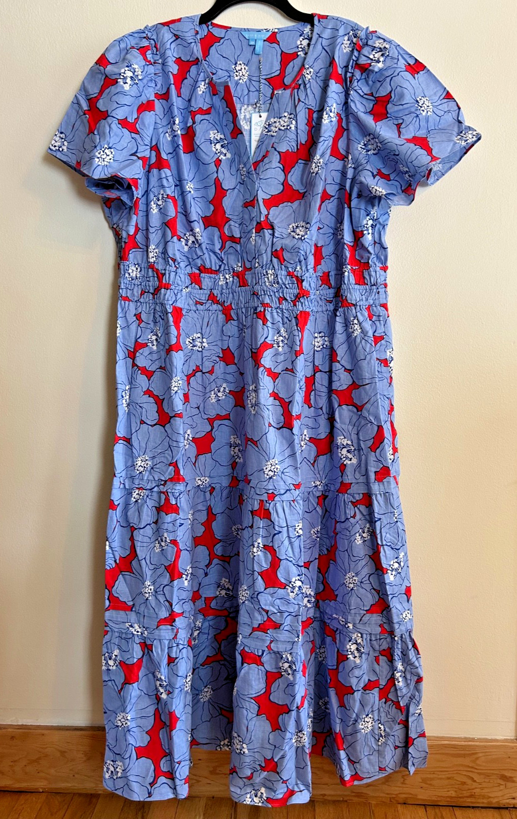 Draper James Hollie Midi Dress Floating Floral Blue, Cotton/Linen, 3X, NWT