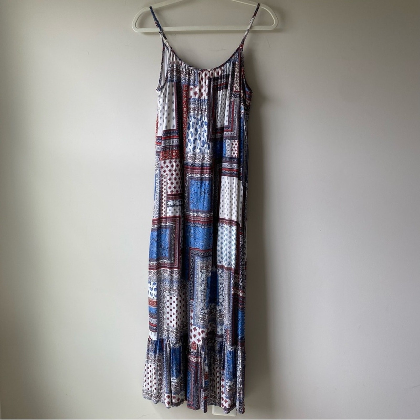 Karen Kane Patchwork Paisley Sleeveless Ruffle Hem Maxi Dress Boho Size S