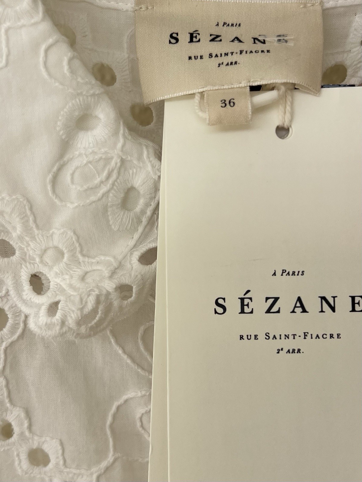 Sezane Adele Short Sleeve Embroidered Midi Dress Eyelet Collar Ecru FR 36 US 4