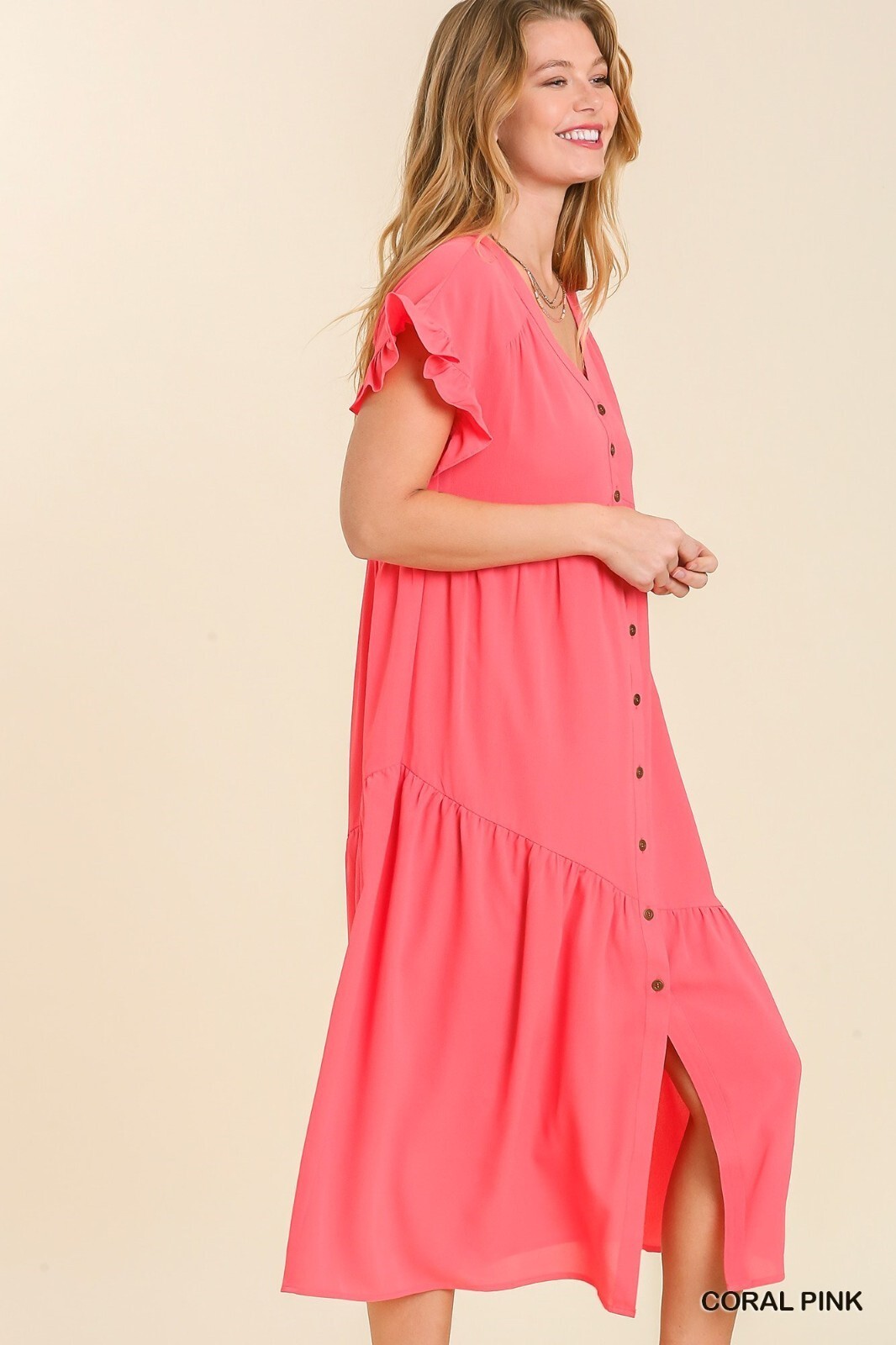 Umgee Coral Pink V-Neck Diagonal Tiered Long Button Up Dress with Ruffle Trim