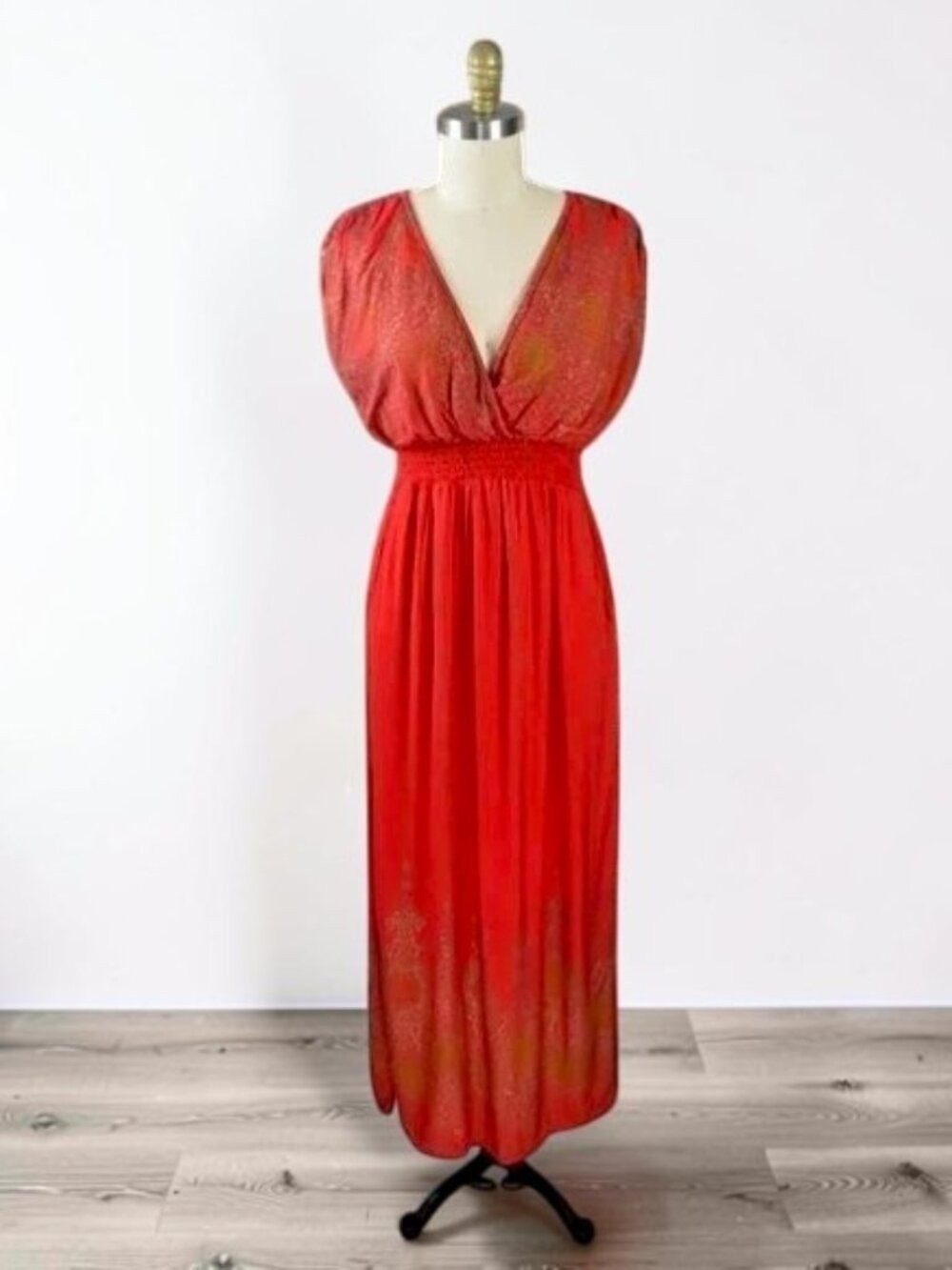 LAPOGEE Tribal Print Red Gold Bohemian V-Neck Maxi Dress Size Large