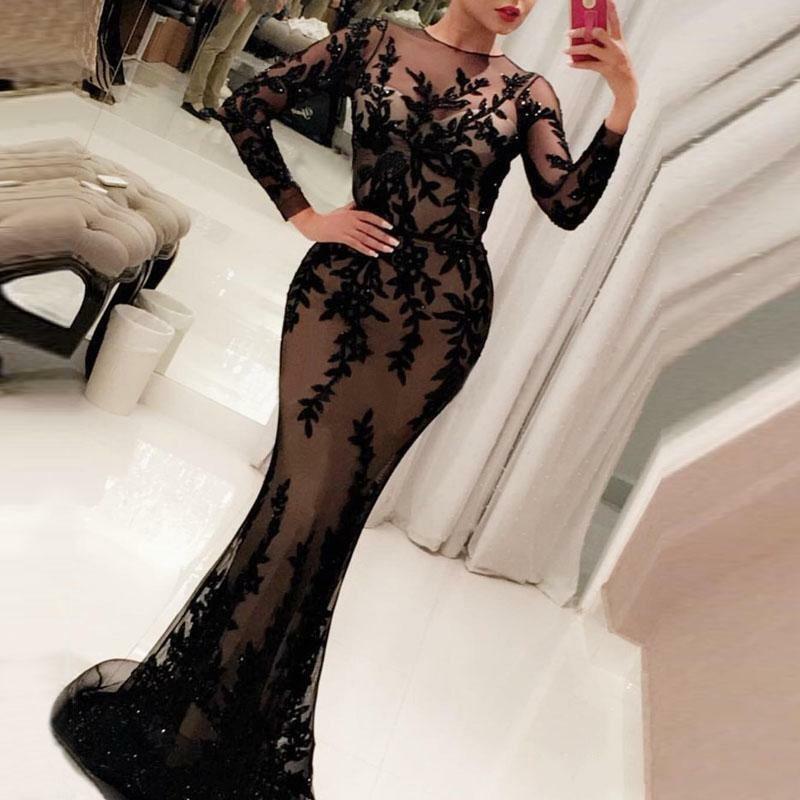 Long Sleeve Sheer Black Lace Sequin Mermaid Evening Dresses Illusion Party Gowns