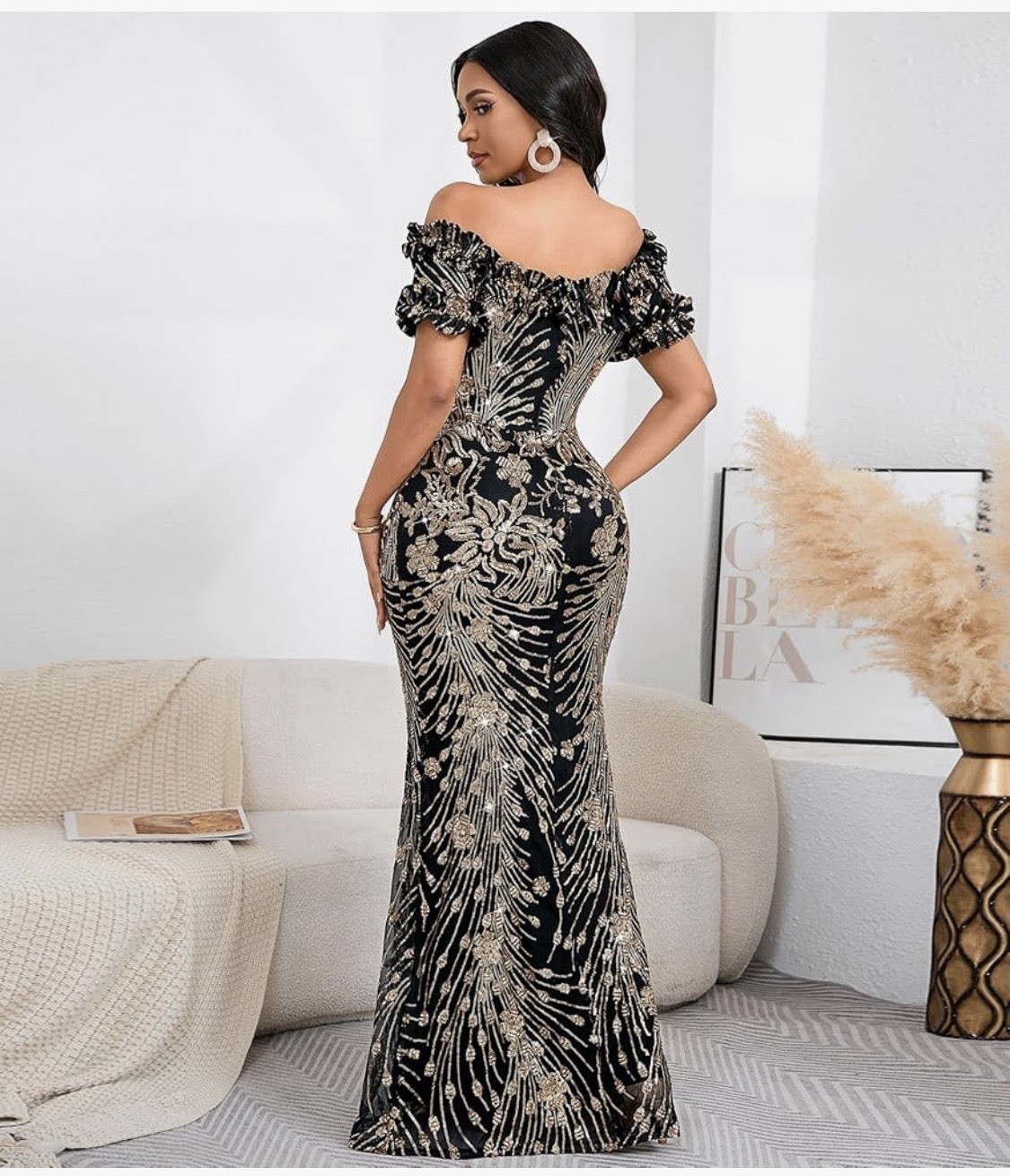 Sequin Off Shoulder Ruffle Short Sleeve Bodycon Mermaid Formal Evening Maxi XL