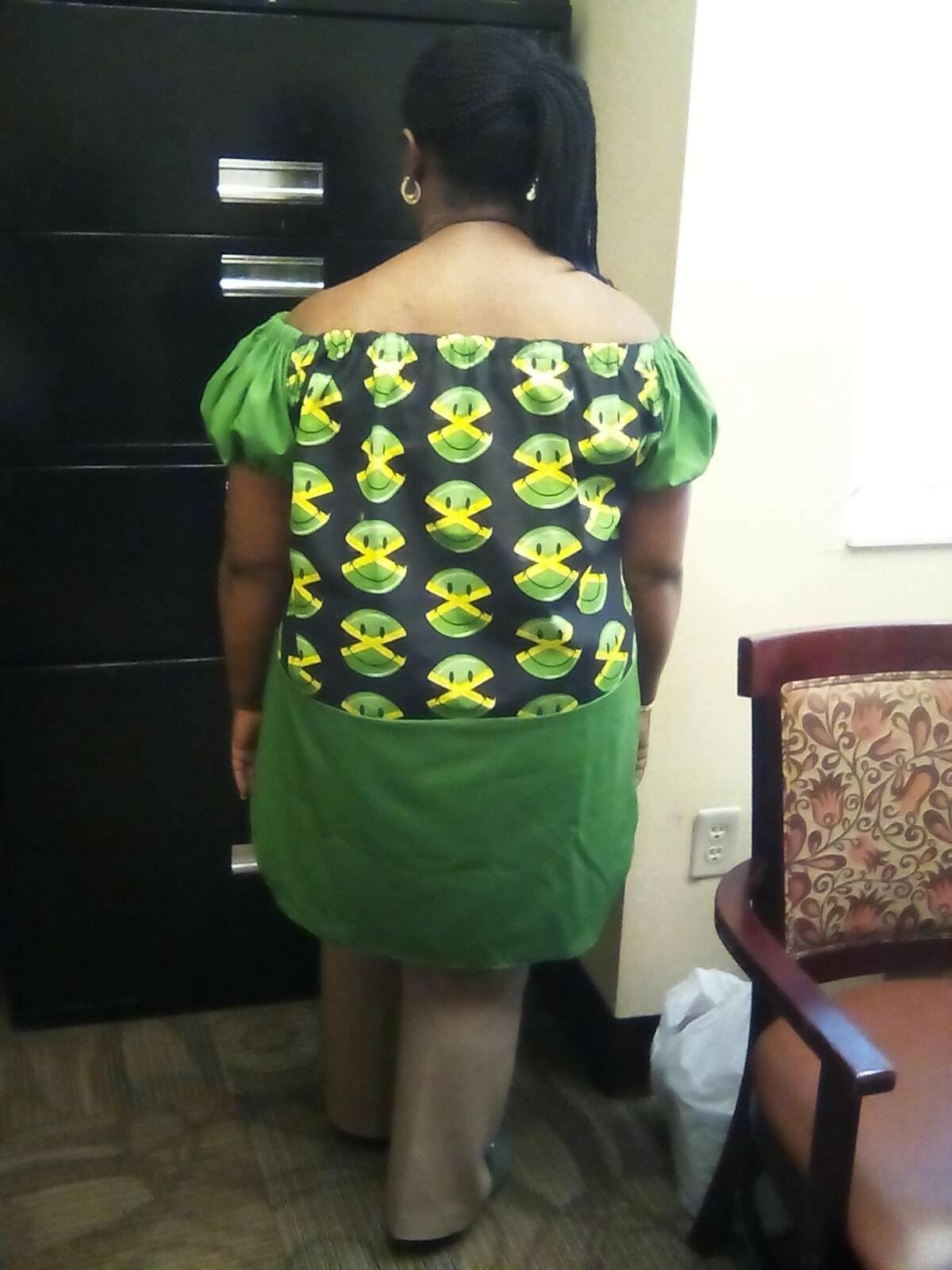 Smiling Jamaican Flag Off Shoulder Puff Sleeve Casual Loose shirt Tail Dress XL