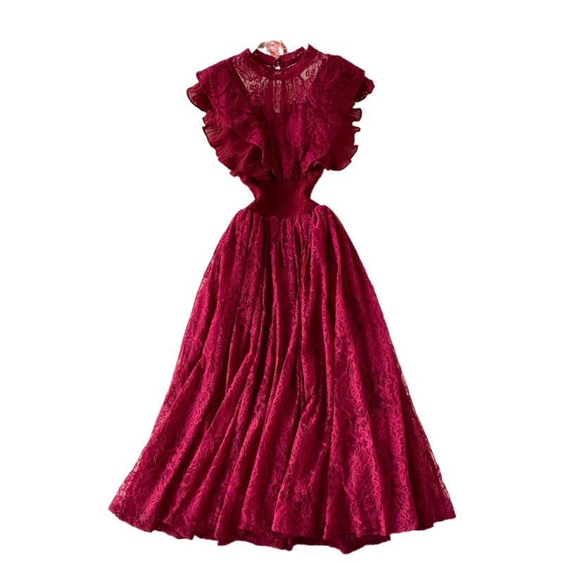 Women Lace Floral Dress Midi Sleeveless Ruffle Swing Casual Elegant Fashion