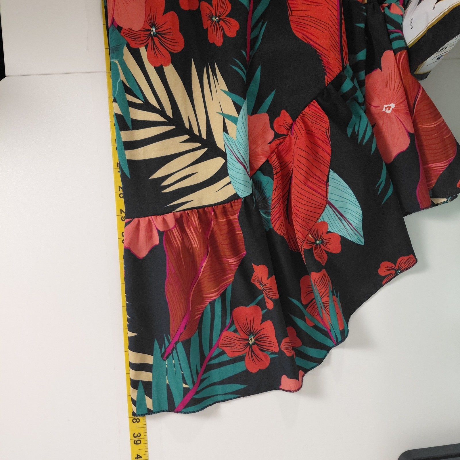 Tropical Floral V-Neck Ruffle Mini Dress Flutter Sleeve Tie Back High Waist ?Lg?