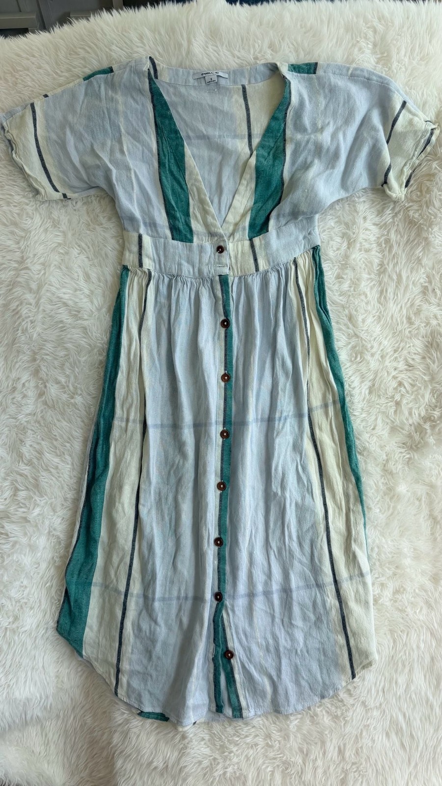 O’Neill Reid Striped Plunge Button-Front Short Sleeve Midi Dress