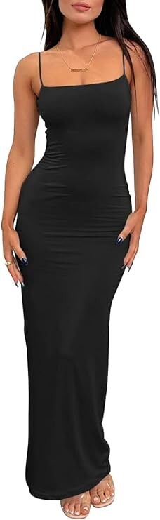 Women’s Casual Slip Dress Spaghetti Strap Bodycon Maxi Dress Black Size Small