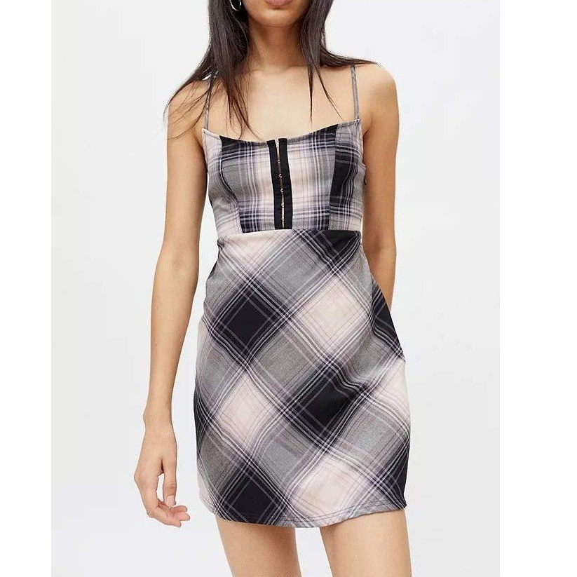 Urban Outfitters Keya Plaid Mini Dress Women M Black Gray Hook & Eye Grunge Chic