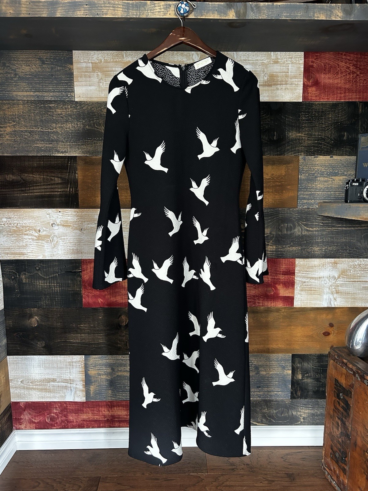 Stine Goya Dress Maxi Dove Print Bird Longsleeve Size XS Black