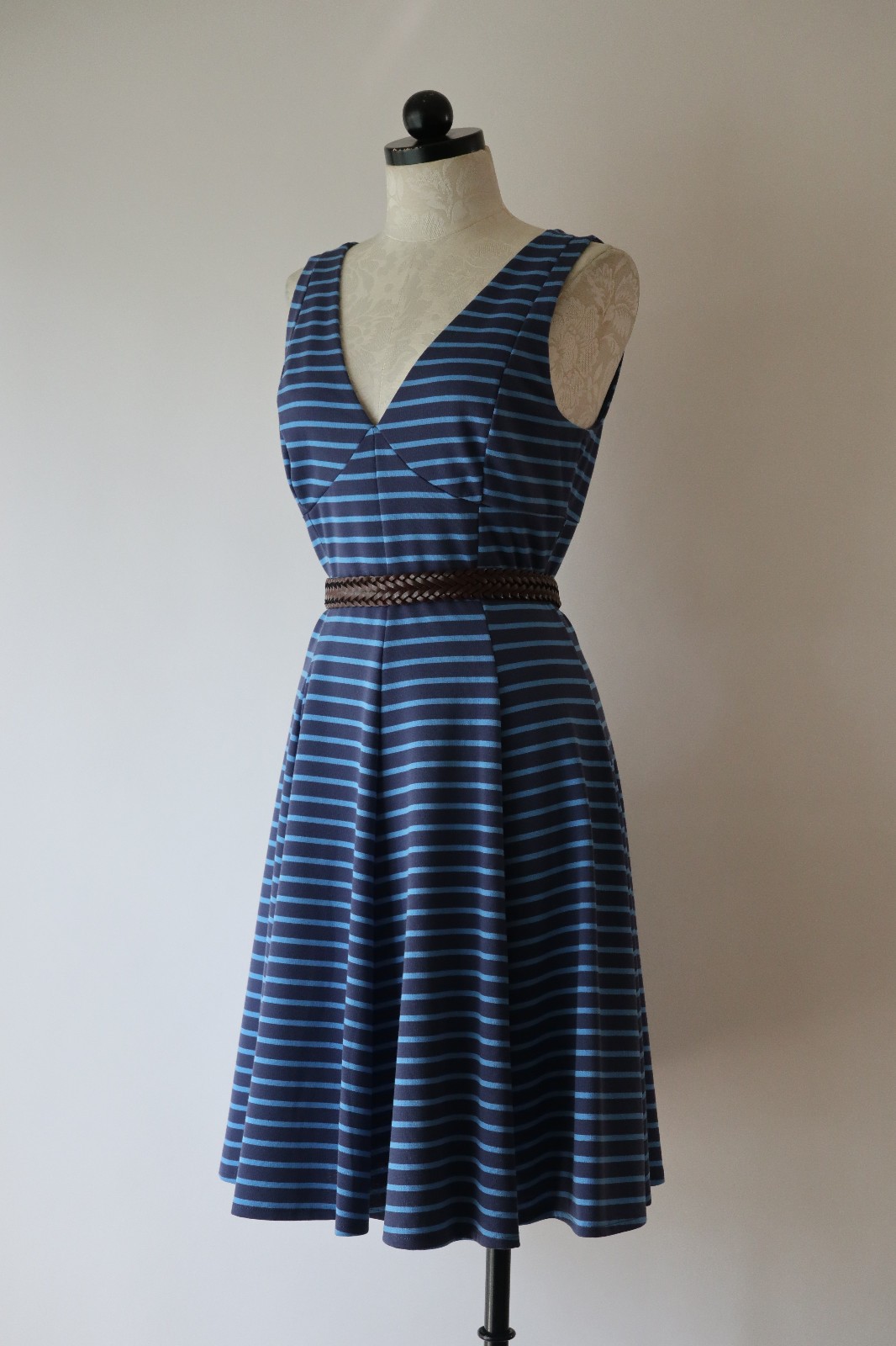 Peter Som Design Nation Blue Striped Stretchy Jersey Full Skirted Dress Women 10