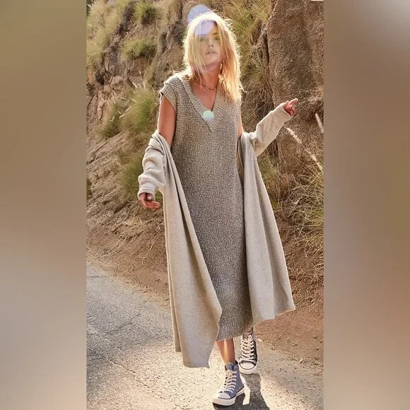 Free People Beach G2G Getaway Chunky Knit Midi Dress Heather Grey NWOT Size L