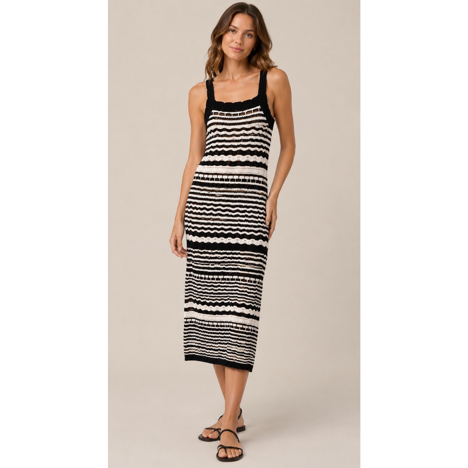 NWT Joie Striped Knit Crochette Midi Dress Black White Sleeveless Size Medium