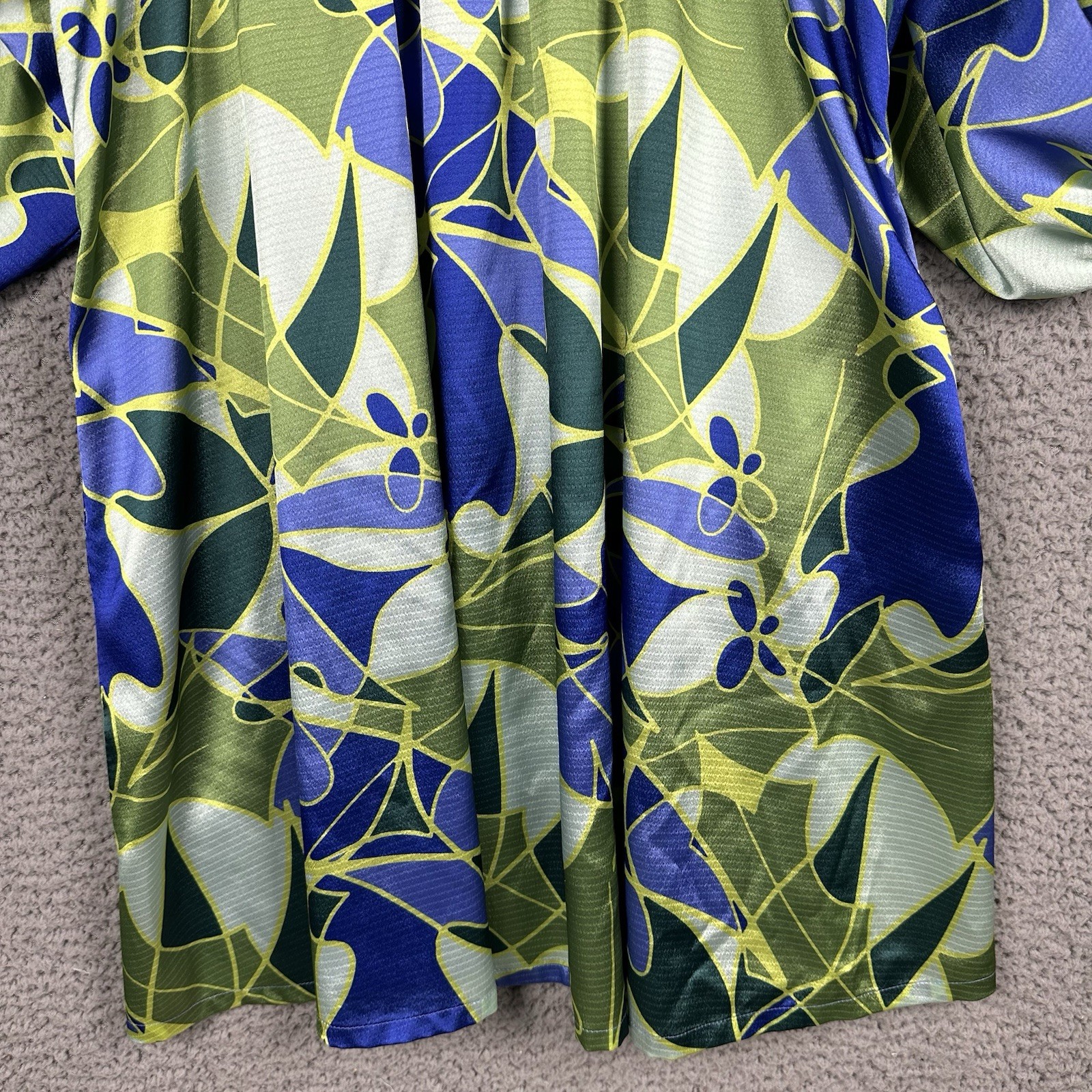 Emily McCarthy M Green Blue Ruffle Collar Blouson Sleeves Dress Flowy Artsy Boho