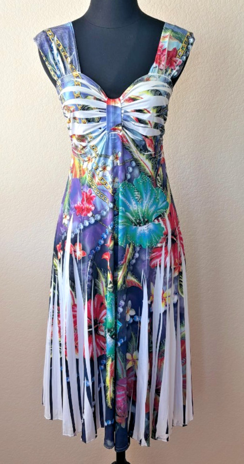 Floral Boho Midi Dress Rhinestone Detail Sleeveless Resort Vacation Womens M