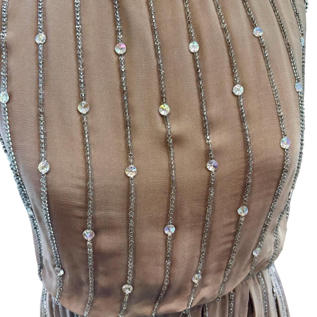 Champagne Taupe Rhinestone Beaded Goddess Dress Open Back Pleated Forma